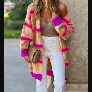 Boutique Striped Long Open Cardigan Knit Sweater sz XL NEW  /B1